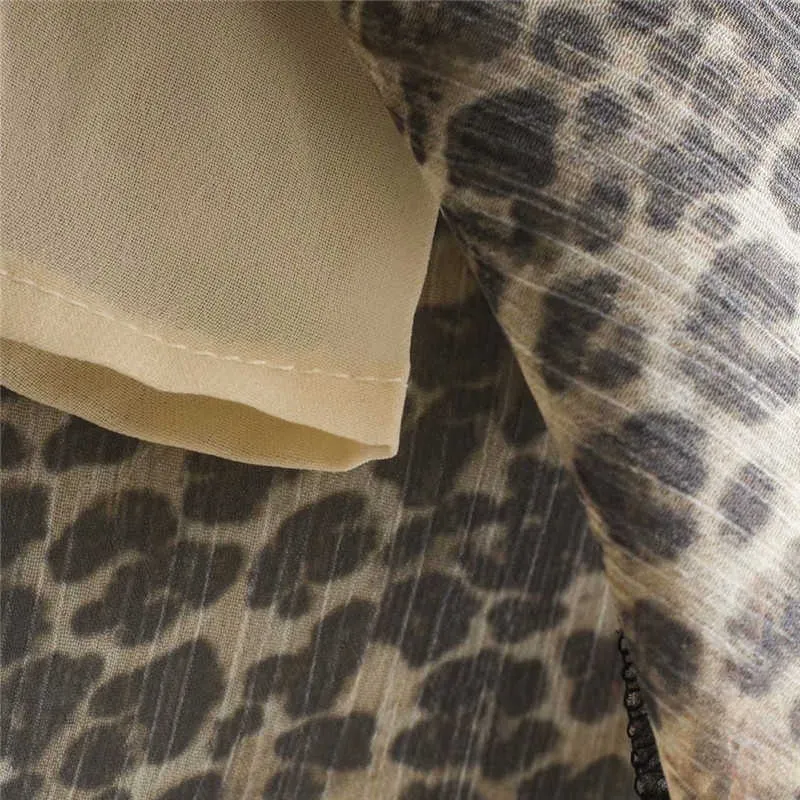ZA Sommerdruck Chiffon Minikleid Frauen Lange Puffärmel Verstellbarer Kordelzug V-Ausschnitt Leopard Kleider Vintage Vestisos 210602