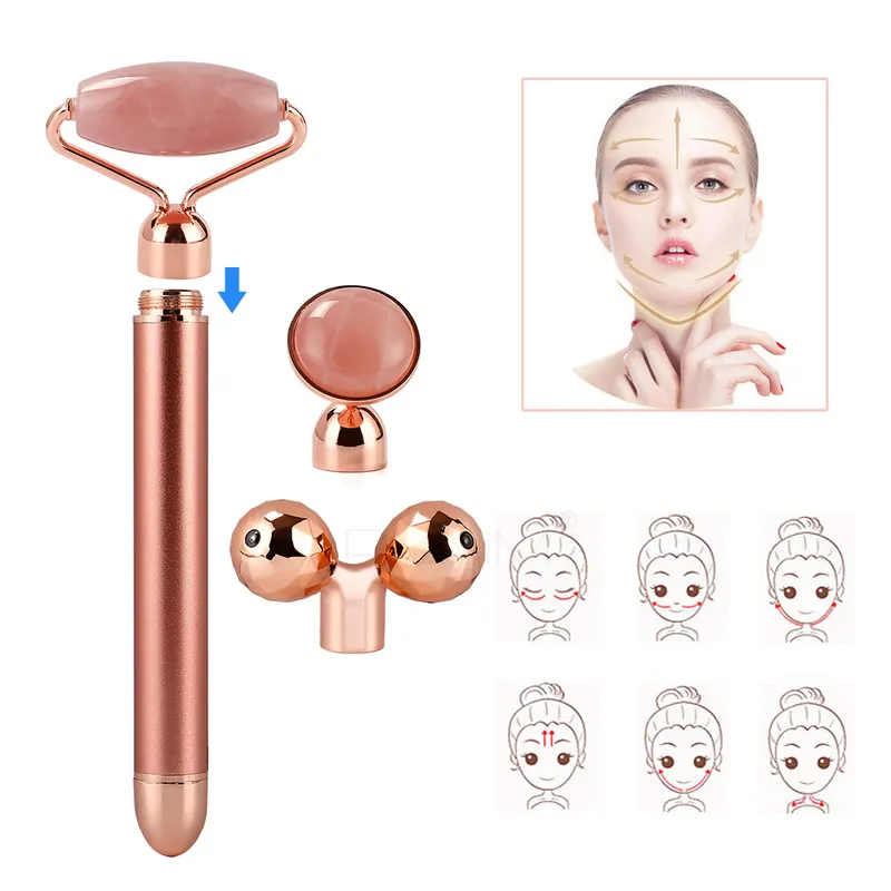 3 I 1 Electric Jade Roller Slimming Face Massage Lyft Vibrating Natural Rose Quartz Stone Beauty Tool 220216