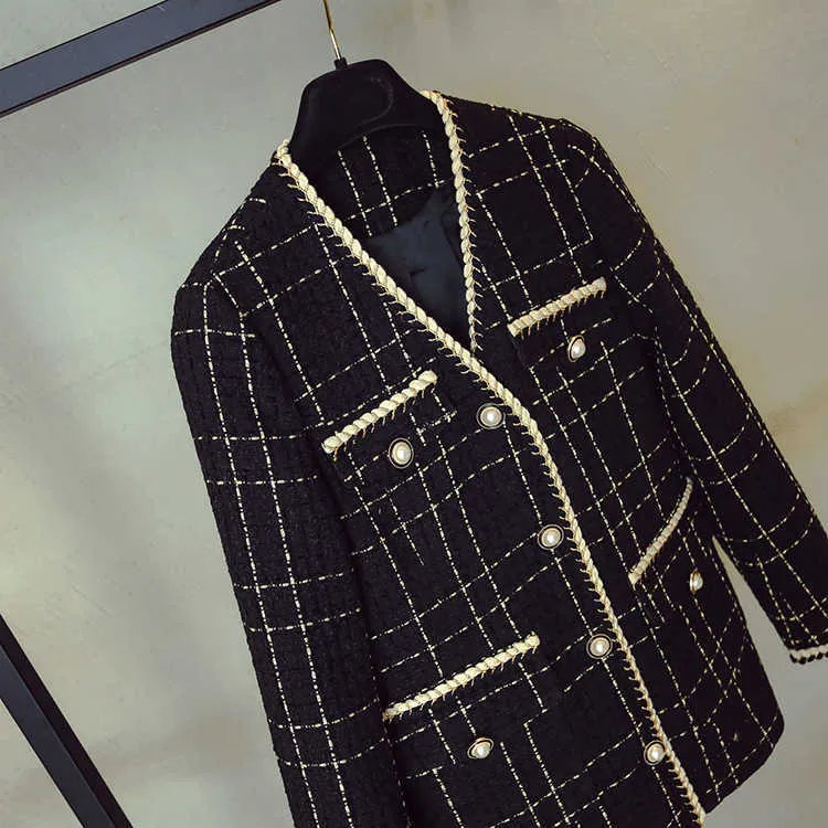 ZAWFL Luxury Designer Brand Wool Blends Coat for Women Fashion Black Vintage V-Neck Plaid Wide Waisted Tweed Coat S-XXL 211117