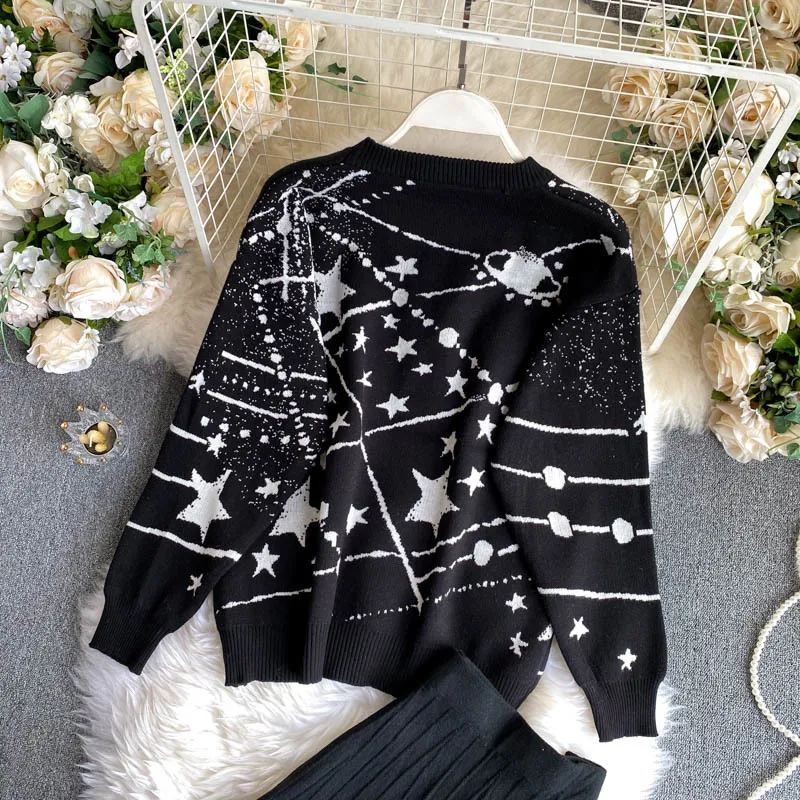 스타 패턴 느슨한 풀오버 스웨터 탑 + 니트 스커트 정장 세트 2 조각 210514 세트 고품질 패션 봄 여성