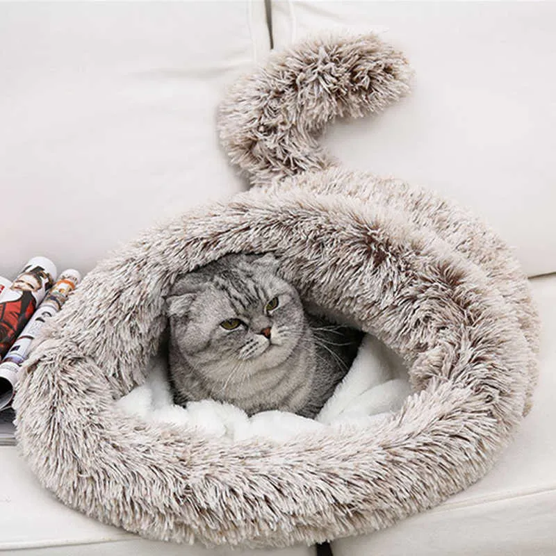 Inverno longo pelúcia pet cat camas almofada redonda casa 2 em 1 auto aquecimento saco aconchegante saco de dormir cesta para cão pequeno 2110061466702