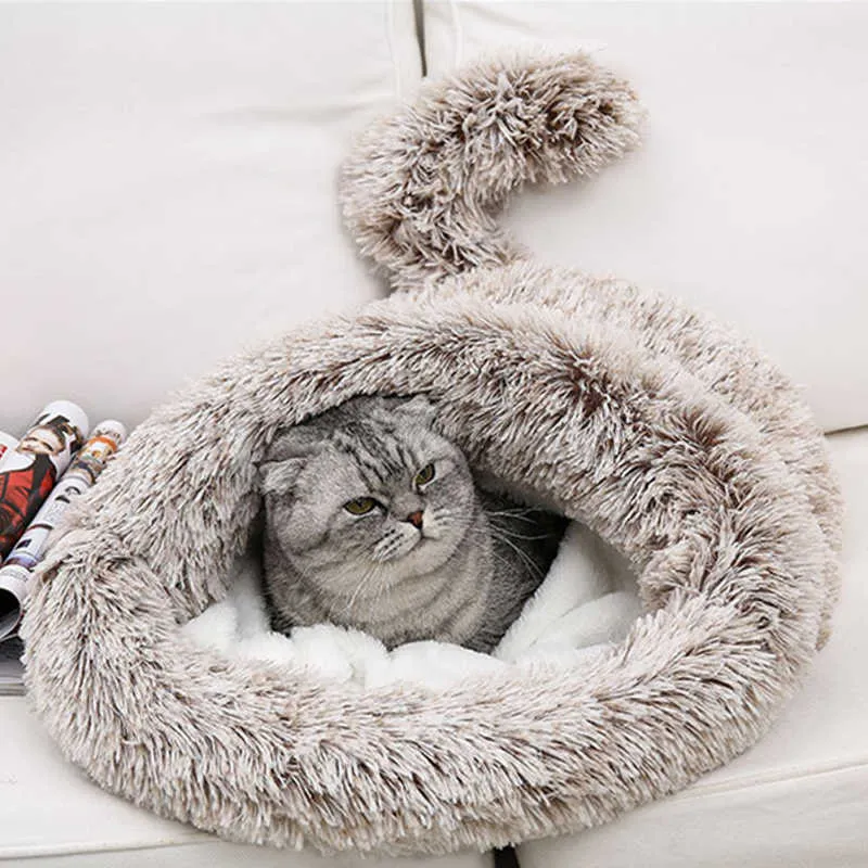 Vinterlång plysch Pet Cat Beds Round Cushion House 2 i 1 Självvärmande S Sack mysig sömnväska Korg för liten hund 211006
