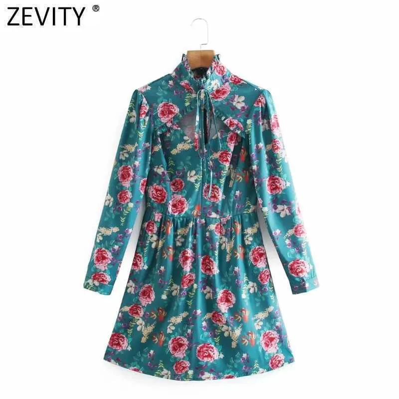 Zevity Women Sweet Agarciレースのフリル中空アウト花柄ミニドレスFemme Bow Tieカジュアルスリムヴェスティドコート服DS4900 210603