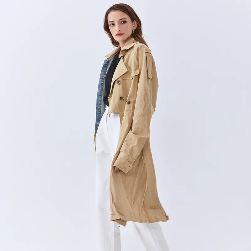 Denim patchwork giacca a vento da donna manica lunga colletto con risvolto vita alta con cintura dimagrante cappotto da donna 210524