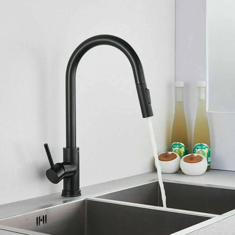Köks kran 304 Rostfritt stål Dra ut Touch Sensor Water kran Smart induktion och kallvattenblandare Tap Sink kranar 210724