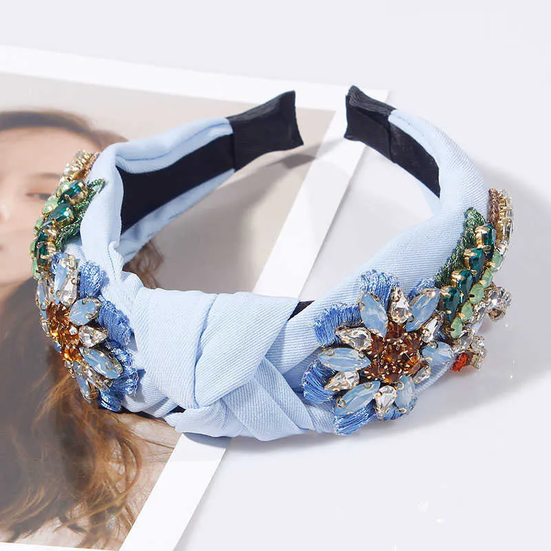 Nakış Çiçek Bantlar Kadınlar Kızlar Için Kristal Rhinestone Hairbands Üst Düğümlü Taç Saç Hoop El Yapımı Saç Aksesuarları X0722