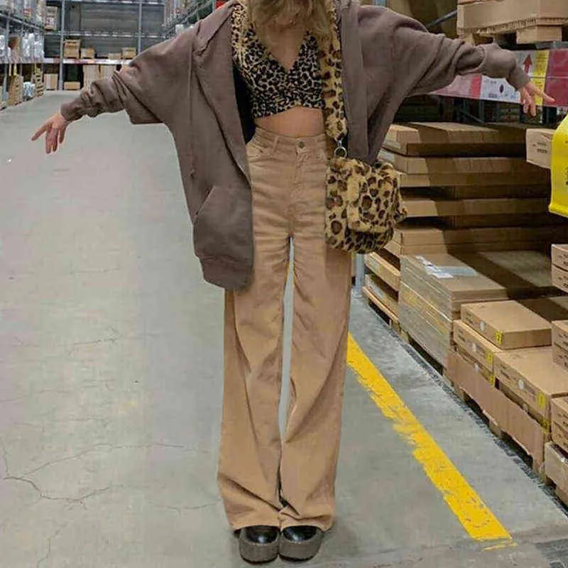 Vintage Oversized Corduroy Baggy Pants Ladies Fall High-Waist Wide Ben Straight Byxor Kvinnor 90s Elastiska Casual Bottoms Mujer 211216