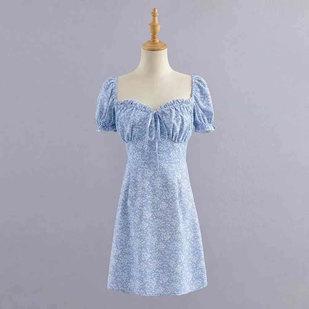 Robe d'été à manches bouffantes à volants pour femmes, robe de plage courte à lacets, robes courtes bleues, tunique élastique vintage, mini robe 210415