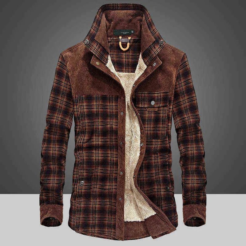 冬用ジャケットの男性が暖かいフリースシャツを厚くするコート100％綿格子形のフランネル軍事服chaquetas hombre size m-4xl 220118