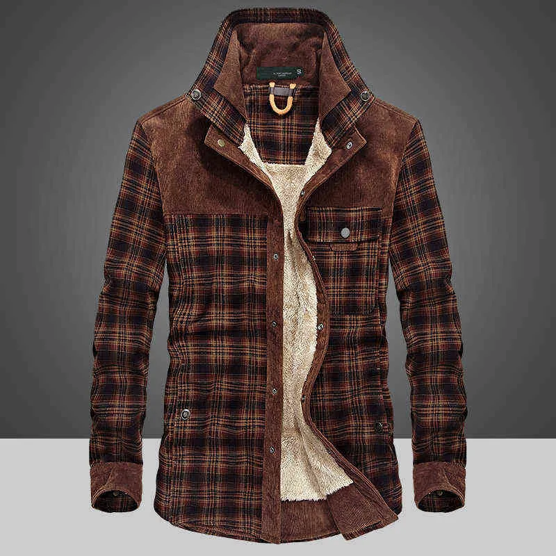 Winterjas Mannen Dikker Warme Fleece Shirts Jassen 100% Katoen Plaid Flanel Militaire Kleding Chaquetas Hombre Maat M-4XL 220118