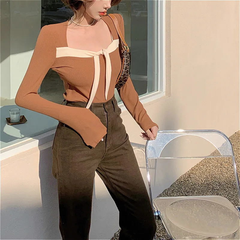 Kimutomo kvinnor stickade tröjor färg patchwork höst svart brun slim passform pullover mode outwear toppar elegant 210521