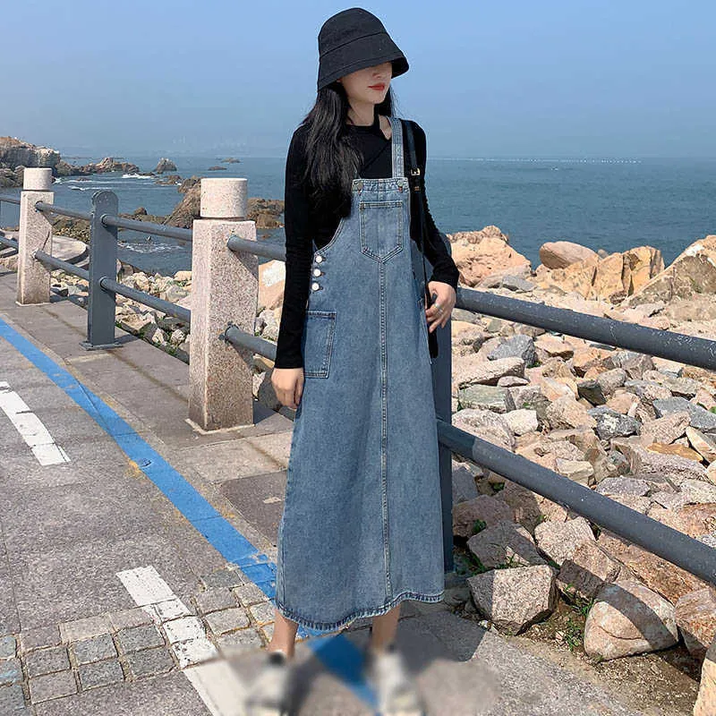 Sommer-Sommerkleid, koreanisches lockeres Overknee-Jeanskleid mit langen Hosenträgern, ärmelloses Knopf-Multi-Pocket-A-Linien-Jeanskleid in Blau 210604