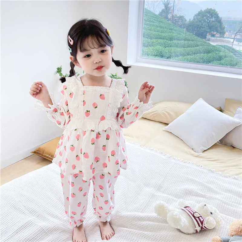 Spring Baby Pajamas Long Sleeve Cotton Strawberry RufflesTop+long Pants Homewear Girl Outfits E2038 210610