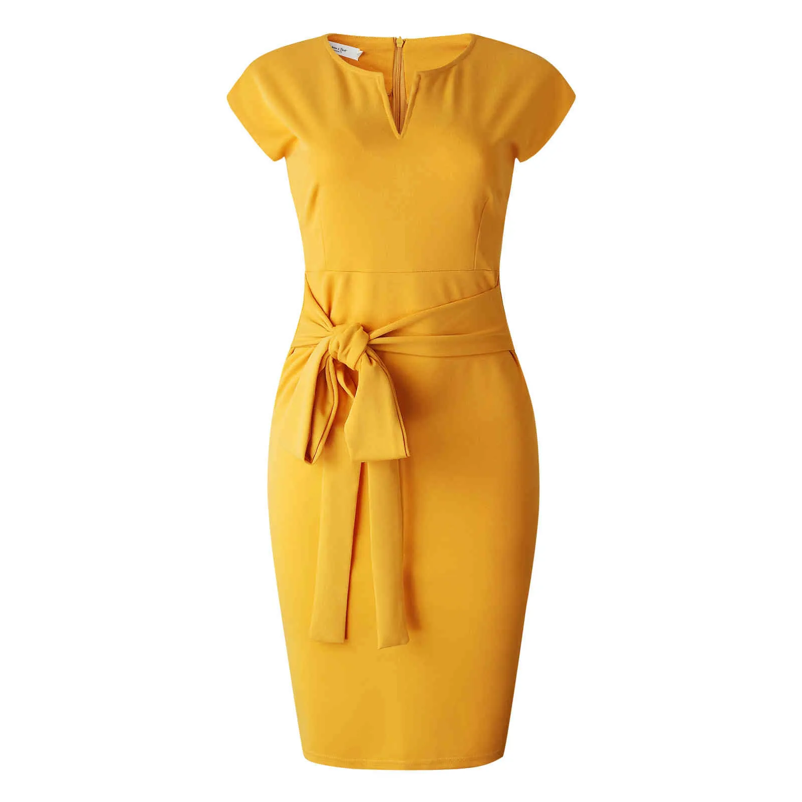 Robe élastique jaune grande taille femmes robes moulantes bureau dames travail taille ceinture modeste chic mode africaine XXXL XL 210416