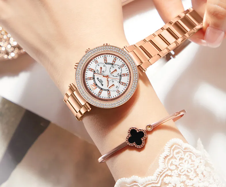 Stainless Steel Strap Lignt Luxury Elegant Womens Watches Perfect Moment Full Diamond Round Dial Quartz Rose Gold Wrist Watch WLIS317w