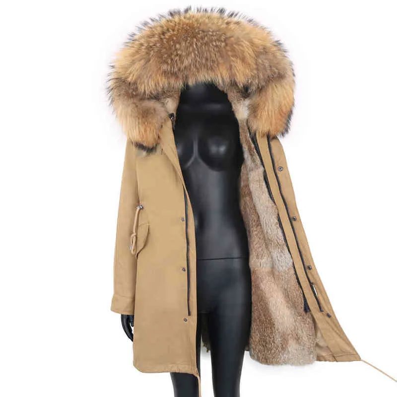Véritable manteau de fourrure veste d'hiver femmes mode doublure longue Parka imperméable naturel col capuche épais chaud 211206