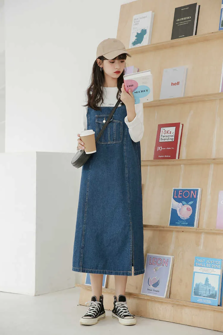 Justerbar band Jeans Klänning Sommar Koreanska Lösficka Split Midi-längd Overells Student All-Match Blue Denim Sundresses 210604