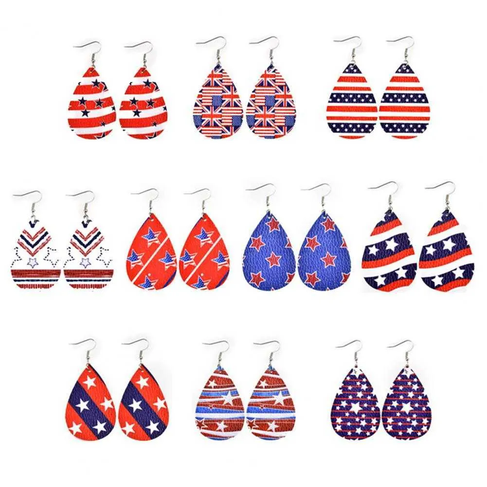 1 Paar/10 Paar baumelnde Ohrringe, All-Match-amerikanische Flagge, Kunstleder, Sterne, Streifen, patriotischer baumelnder Ohrring, Modeschmuck, Q0709