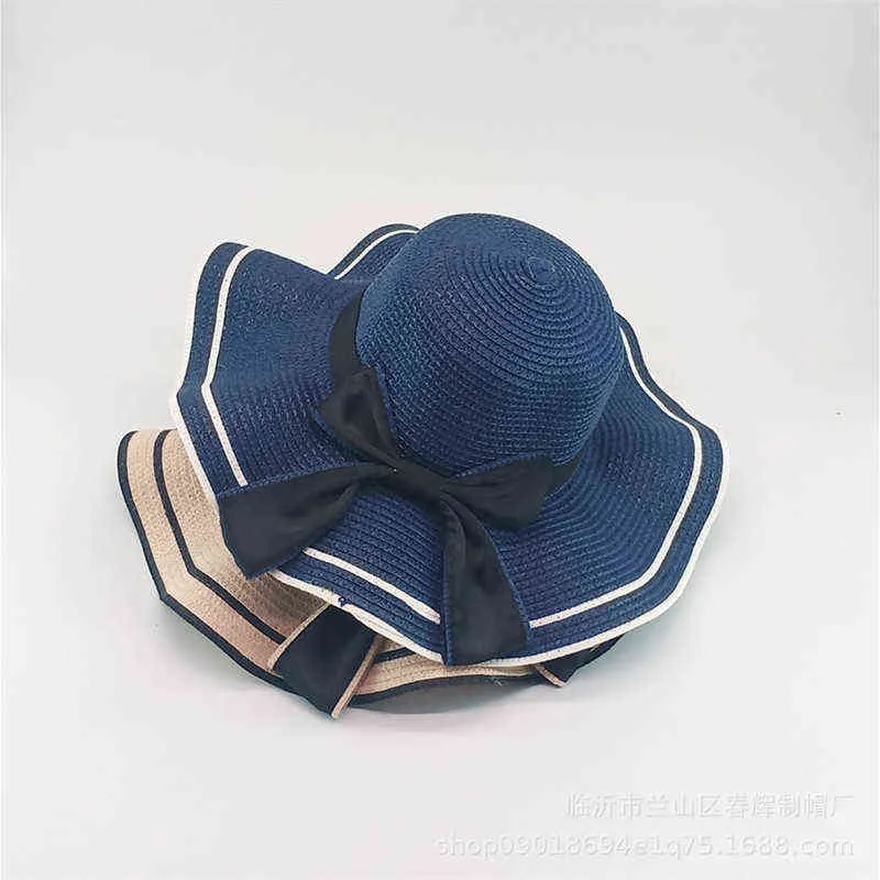 Hot Selling Summer Ladies Bowknot Ribbon Big Eaves Sun Protection Hat Straw Hat Women Casual Beach Floppy Panama Caps G220301