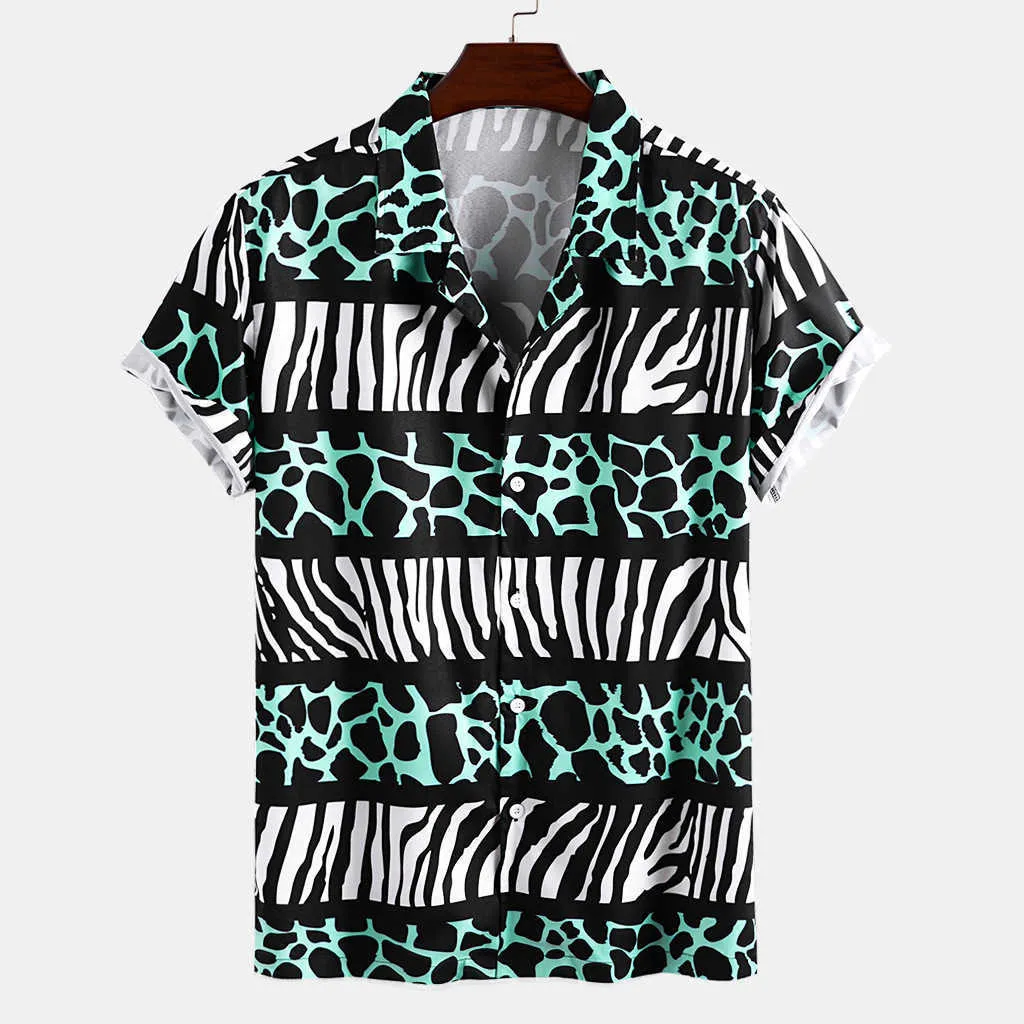 Leopard Shirts Männer Strand Hawaiian Casual Urlaub Patchwork Herren Hemd Übergroße Kurzarm Camisas Zebra Splice Camisa 210721