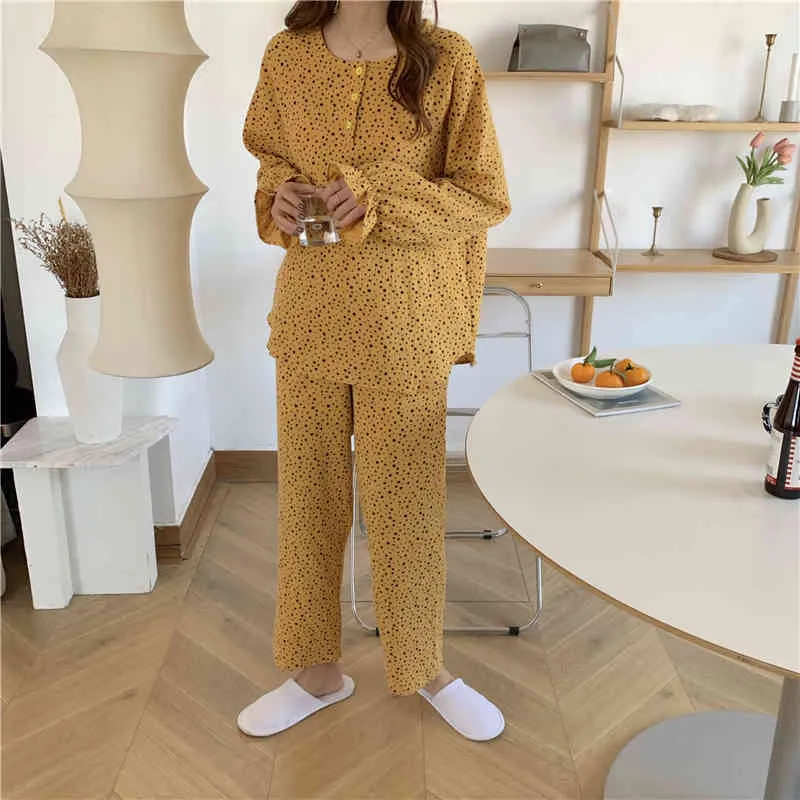 Våren två bitar kostym o-neck bomull nattkläder pullovers söt mjuk casual homewear lös mode pyjamas set 210525