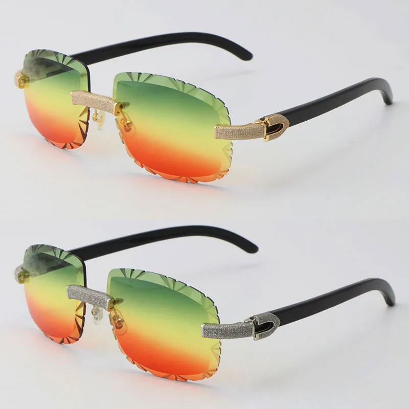 2022 Ny metallmikrobelagd diamantuppsättning Rimless Solglasögon Original Black Buffalo Horn Sun Glasses Male and Female Frame 18K Gold U233o