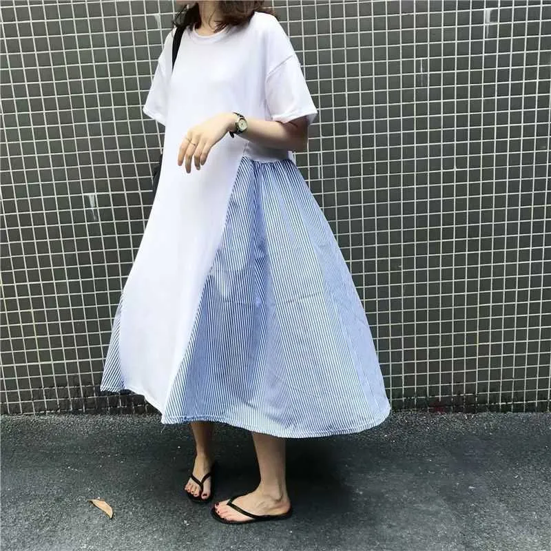 Lente en zomer Koreaanse mode casual losse jurk gestreept stiksels eenvoudige korte mouwen ronde hals dames 210615