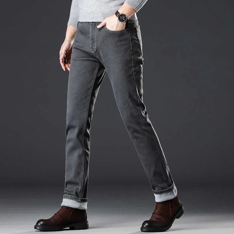 il freddo slim fit stretch spessi pantaloni vellutato jeans caldi jeans casual grigio in pile uomo inverno uomini elasticità Jean 210716