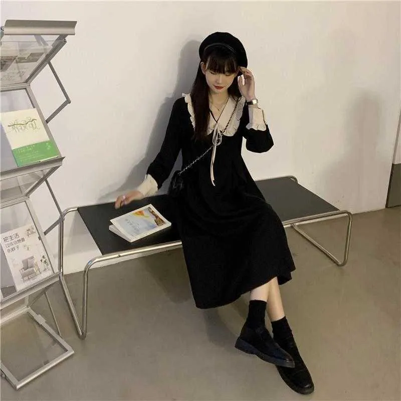 Coleira de boneca francesa manga comprida maxi vestido japonês kawaii mulheres preta fada festa de casamento outono vestuário senhoras 210604
