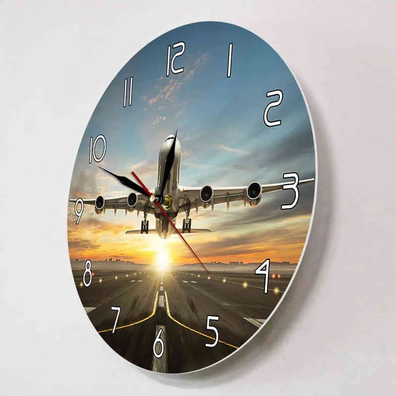 Riesige zweistöckige Wanduhr für Verkehrsflugzeuge, Start- und Landebahnaufnahme im dramatischen Sonnenuntergangslicht, moderne Heimdekoration H1230