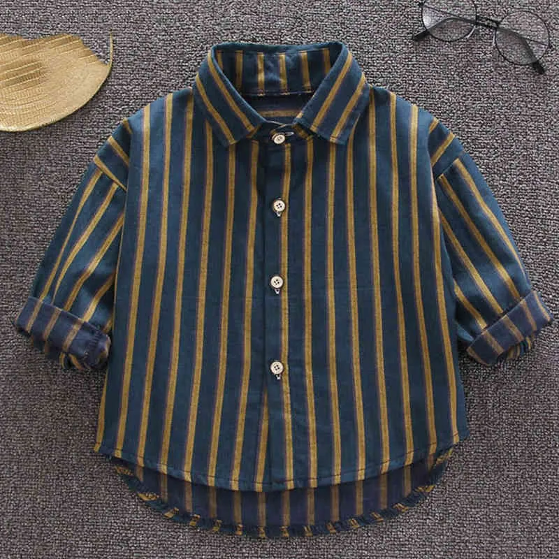 Camisa do menino Estilo de outono listras longas manga curta crianças pura de algodão crianças roupas para 1-5Y 210515