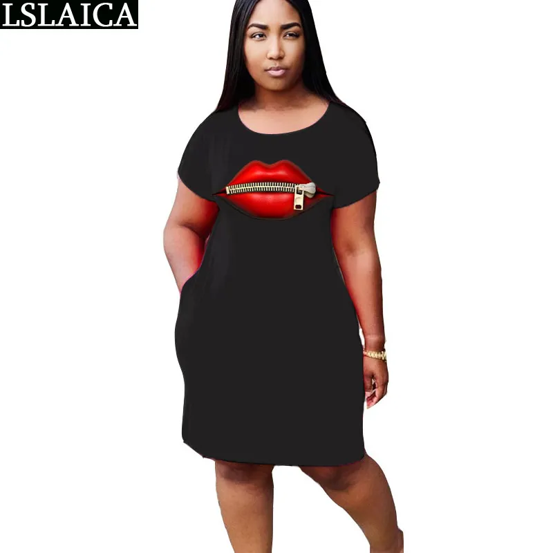 Satış Moda Katı Renk Yuvarlak Boyun Kadın Elbise Dudaklar Baskı Fermuar Dekore Bodycon Yüksek Bel Zarif Rahat 210515