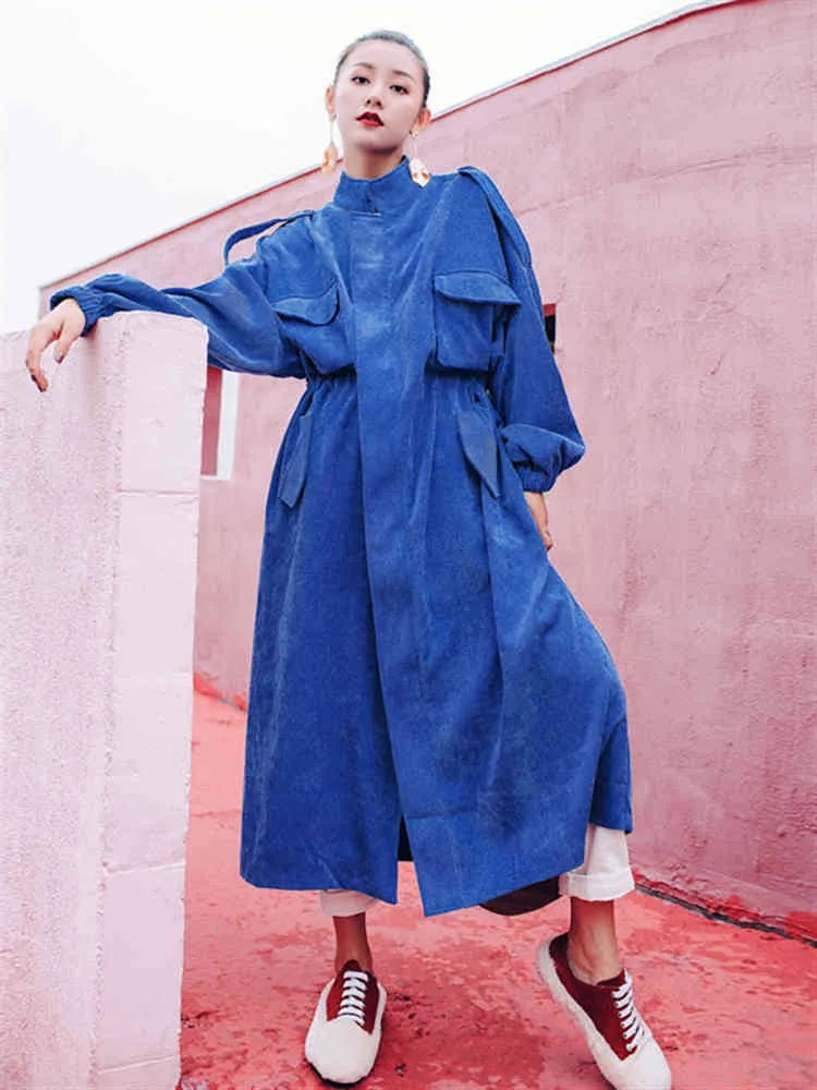 Blaue Windjacke für Damen im koreanischen Stil über dem Knie, mittellange Frühlings-Cordjacke mit Kordelzug in der Taille 210416