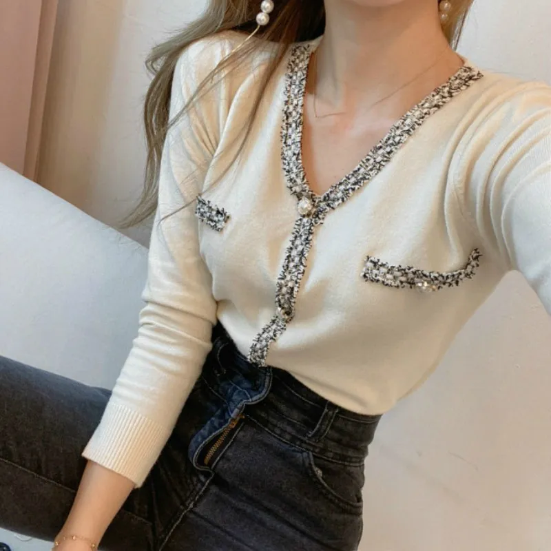 Ezgaga French Style Women Knitted Cardigan Chic V-Neck Pearl Button Tender Autumn Ladies Base Sweater Elegant Outwear Tops 210430