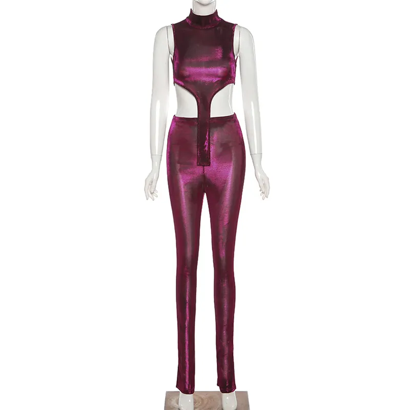 2 Stuk Sets Dames Trainingspak Outfits Neon Purple See Through Mouwloos Skinny Crop Tops Sweatpants Party Club Y2K Kleding 210517