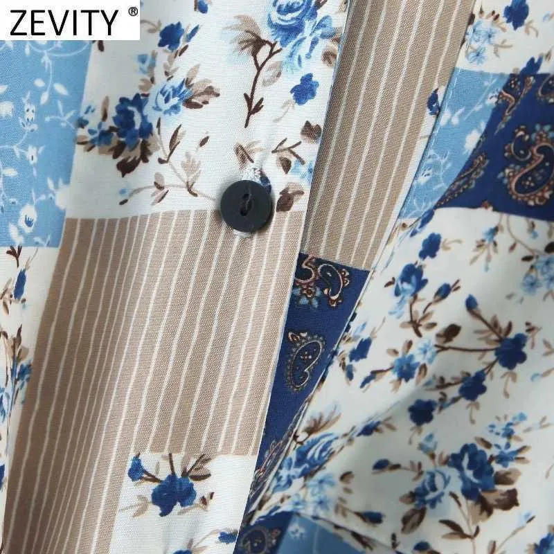 Zevity Femmes Vintage Tissu Patchwork Imprimer Hem Bowknot Blouse Casual Femme À Manches Longues Roupas Chic Chemise Tops LS9085 210603