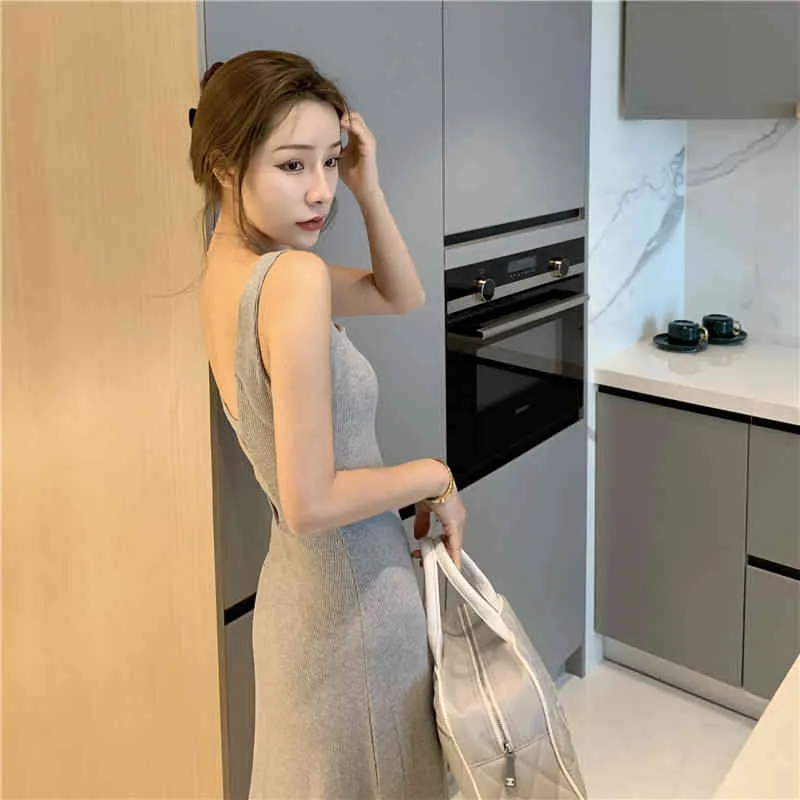 Korea Południowa Chic Kwadratowa szyja Ostrożnie Maszyna Halter Talii Sukienka Podwiązowa Długie Letni Dorywczo 210520