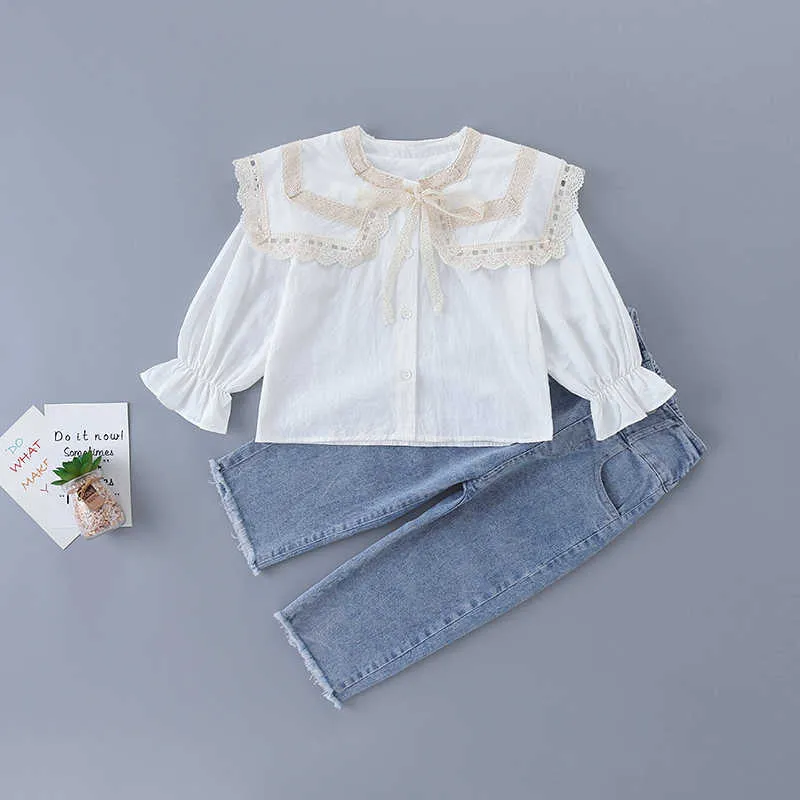 3-7 años de alta calidad Spring Girl Ropa Conjunto Moda Casual Camisa sólida + Jeans Kid Niños Niñas 210615