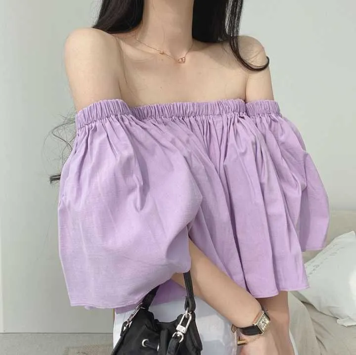Koreański Chic Solidny Słodki Seksowny Slash Neck Purple Bluzka Kobiety Off Ramię Puff Krótki Rękaw Loose Tops Summer Shirts Blusas 210610