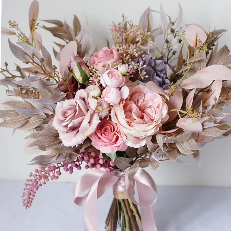 Düğün Çiçekleri Himstory Vintage Arifik Tozlu Pembe Buketler Romantik Peonies Gelin El Yapımı İpek Gül Gelinler El Tutma Çiçek 310p