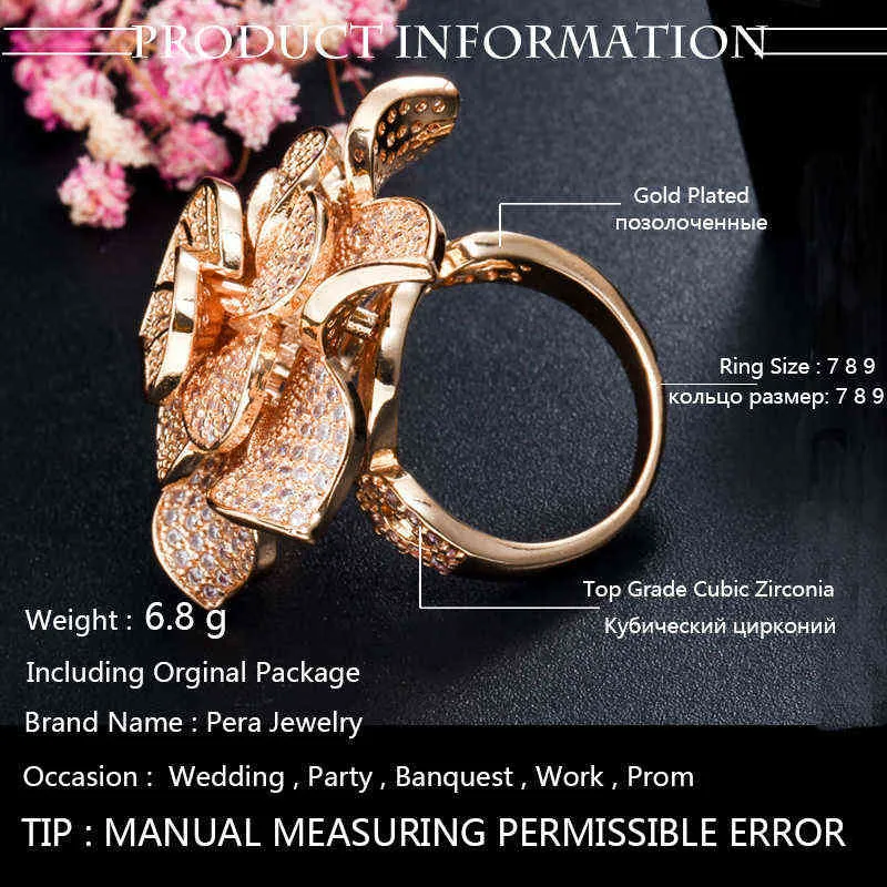Pera Luxury Big Statement Leaf Cluster Shape for Women Wedding Cubic Zirconia Dubai Gold Bridal Finger Rings Jewelry Gift R091 220209