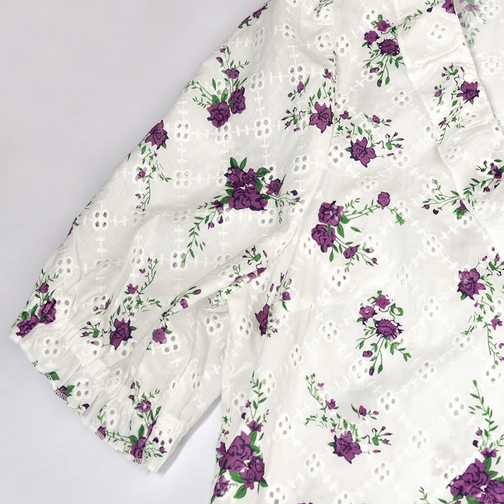 2021 весенние половины рукава V шеи белый цветочный принт хлопчатобумажная вышивка кнопки однобортная блузка женская модная рубашка 21g12
