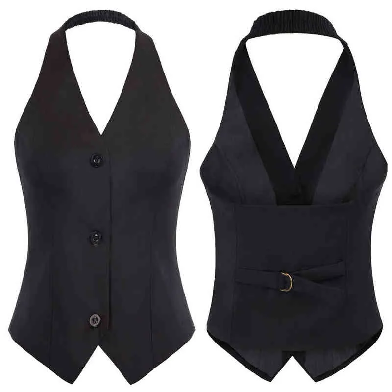 Retro Elegante Jassen Vrouwen Halter Tops Backless V-hals Single Breasted Zakdoek Zoom Vest Solid Slim Club Avond Dame Jas 220118