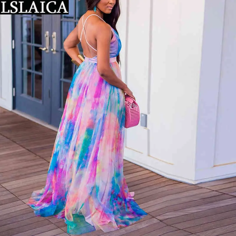 Sale Summer Dress Deep V Neck Backless Africa Style Print Big Swing Fashion Suspender Dresses for Women Party Long Robe 210515