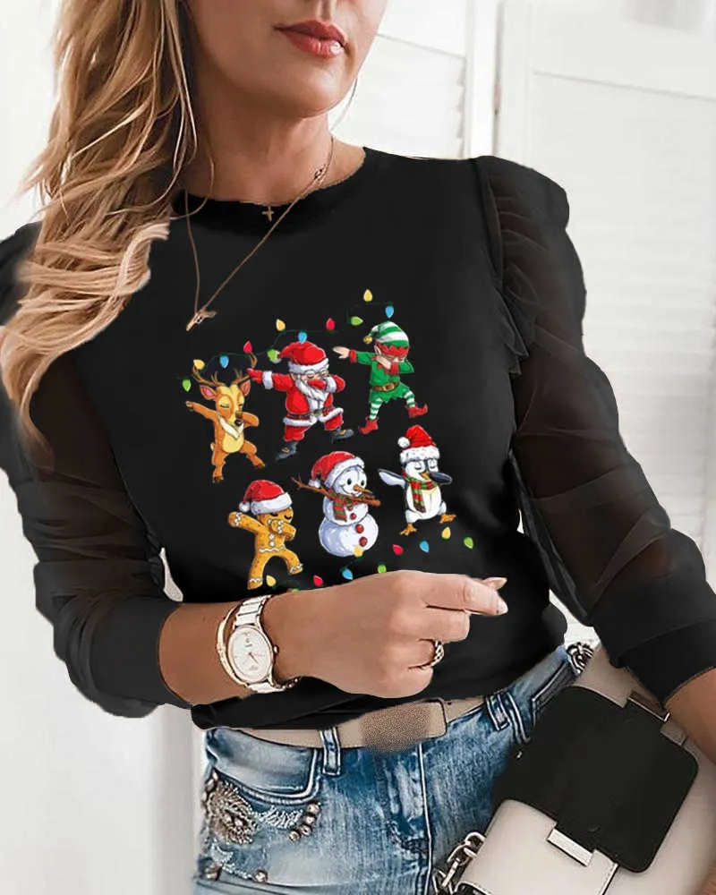 Women Fashion Casual Long Sleeve Tops Sheer Mesh Splicing Blouse Feamle Christmas Snowman Santa Claus Print Tops 210716