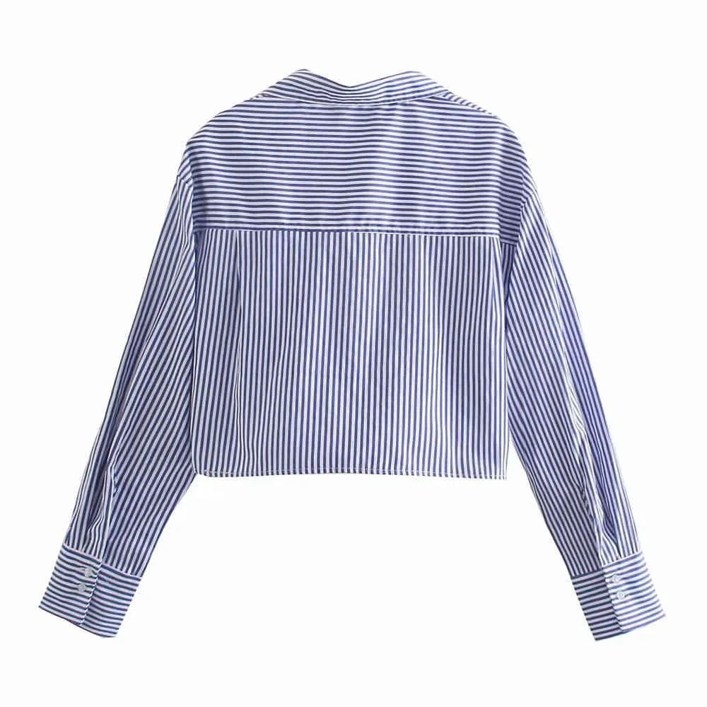 Women Shirts and Blouses Feminine Blouse Top Long Sleeve Casual Blue Turn-down Collar OL Style Loose cropped striped shirt 210510