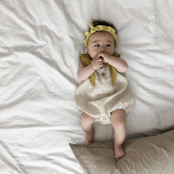 Lato Koreański styl Czysta bawełna Duży obróć body do obrotów dla niemowląt Dziewczyny Luźne Dorywcze Rękawy One-Tack 0-2Y 210708