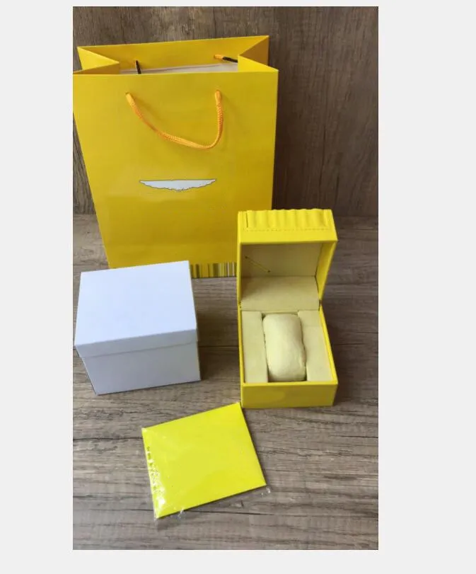 Boîtes à montres jaunes carrées pour montres de luxe, avec livret, étiquettes et papiers en anglais INV 16207U