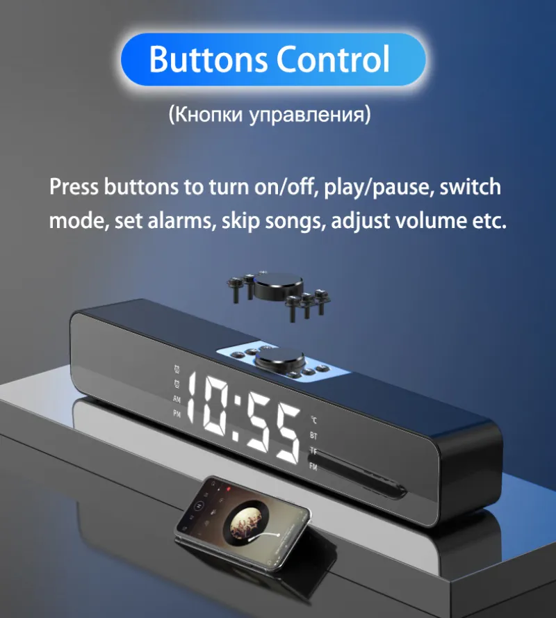 Barra de sonido LED Altavoces compatibles con Bluetooth Barra de sonido de cine en casa Radio FM Reloj despertador Subwoofer inalámbrico PC TV Computadora