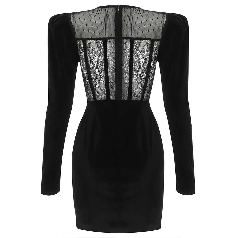 Ocstrade Bodycon Dress Sexig Hollow Out Mesh Black Ankomster Kvinnor Långärmad Night Club Party ES 210527